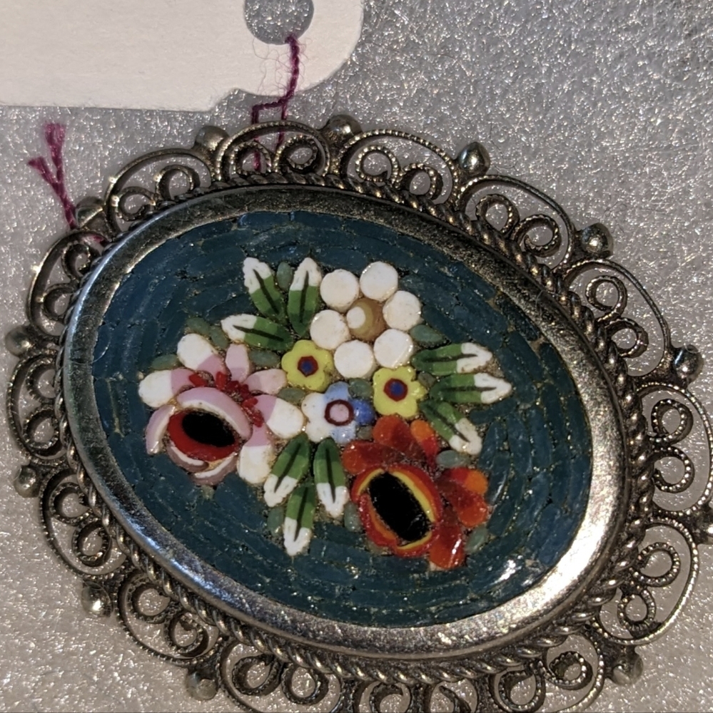Floral Millefiore Mosaic Brooch with Silver filagree detailing,  1940's